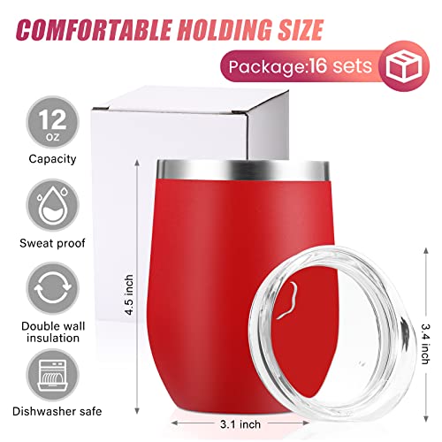 Remagr 16 Pack Stainless Steel Wine Tumblers 12 oz Insulated Vacuum Wine Cup Set Double Wall Stainless Steel Stemless Mug Glasses for Coffee Soda Whiskey Outdoor Travel (Red) - color: Red