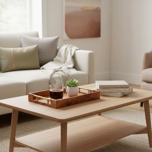 Wooden Serving Tray with Gold Metal Handles, 11.8" x 7.87" Rectangular | For Coffee Table, For Food, For Drinks, For Decor