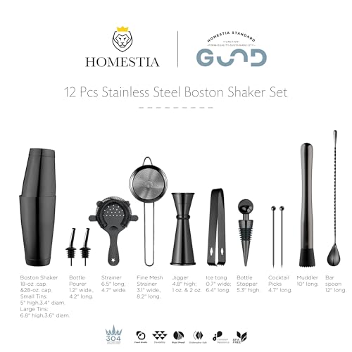 Homestia 12 Pcs Boston Cocktail Shaker Set, Mixology Bartender Kit, Black | Stainless Steel Bar Set Accessories, 18 oz/28oz Weighted Boston Shaker Tins, Martini Shaker Mixing Tools for Home Bartending - color: Black