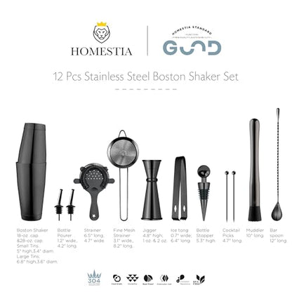 Homestia 12 Pcs Boston Cocktail Shaker Set, Mixology Bartender Kit, Black | Stainless Steel Bar Set Accessories, 18 oz/28oz Weighted Boston Shaker Tins, Martini Shaker Mixing Tools for Home Bartending - color: Black