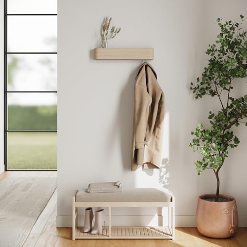 Kazai. Wall-Mounted Coat Rack 'Toke' - Modern Design Coat Rack with Hidden Wall Hooks - Solid Wood Veneer Panel Coat Hanger - Oak, White - color: Oak, White, size: 5 Hooks