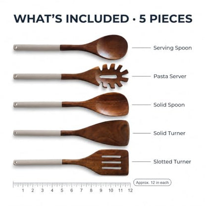 DI ORO Wooden Kitchen Utensil Set - 5-Piece Wooden Spoon & Spatula Set - Nonstick Cookware Safe Teak Wood Cooking Utensils - Heat-Resistant Kitchen Utensils Set with Silicone Handles (Soft Grey) - color: Soft Grey