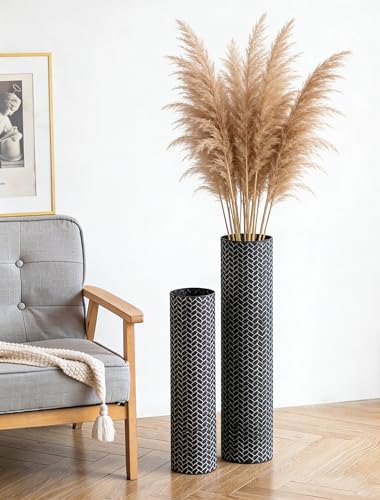 Sziqiqi Black Tall Floor Vase, Metal Floor Standing with Woven Texture | 2Pcs, 27.6/21.7in Large Cylinder Vases, Vintage Decorative Flower Holder, For Living Room, Bedroom, Hallway, Home Corner - color: Black