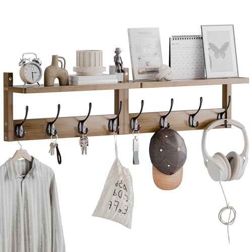 STELLSTAR Coat Rack with Shelf Wall Mount, Entryway Bamboo Hanging Shelf, Set of 2, Wall Hook Rail for Hallway Décor, Storage Clothe, Hat, Robe, Key, Dog Leash (Walnut) - color: Walnut