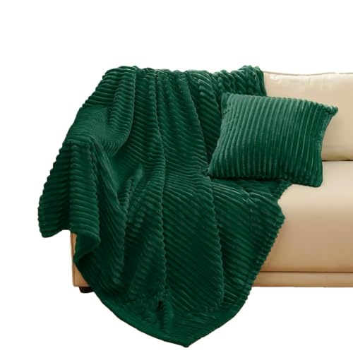 Bnuitland Dark Green Flannel Throw (50X71 inches) with Pillow Cover(18×18"),300GSM Super Soft Fleece Stripe Pattern Sofa Blanket, Lightweight Cozy Bed Throw for Home Decor All Season - color: Dark Green, size: 50x71 Inch Plus Pillow Cover