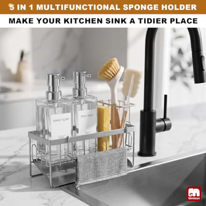 GMISUN Kitchen Soap Dispenser, 12 Fl oz/350ml Clear Dish Soap Dispenser with Silver Sponge Holder, Customized Glass Dish Soap Dispensers for Kitchen, Modern Hand and Dish Soap Dispensers Set Removable - color: Clear Bottle + Silver Rack