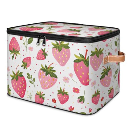 Storage Bin with Lid, Strawberry Stackable Closet Storage Bins, Decorative Bedroom Organizer Box, Lidded Baskets Living Room Storages Boxes Cube Organizer, Cute Container with Handles