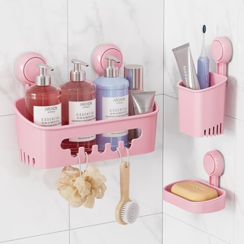 Shower Caddy Suction Cup Set Shower Organizer & Soap Holder, Pink | Toothbrush Holder, Bathroom Shelf Basket NO-Drilling, Removable Suction Storage, Waterproof Bathroom Caddy - color: 3 X Pink