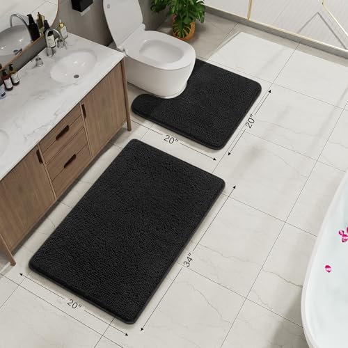 Bathroom Rug Sets 2 Piece, 20"x20" U-Shaped & 21"×34", Black | Toilet Mat Non Slip Bath Mats Floor Set, Washable Bath Rug Set, Absorbent Soft Bathroom Rug - color: Black