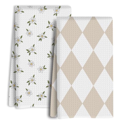 Neutral Boho Kitchen Towels Set of 2, Dish Towels for Kitchen Soft Absorbent Tea Hand Towel for Home Dining Room Apartment Cooking, Baking, Decorative Cottagecore Lattice Flower, 13.8 x 23.6 Inch - color: Floral 1449