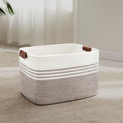 45L Woven Laundry Basket Hamper with Leather Handles,Dark Brown | collapsible wicker hamper, storage for dirty clothes, toys, blankets, gifts, living room, bedroom, bathroom, 18"x14"x11" - color: Dark Brown, size: 45L