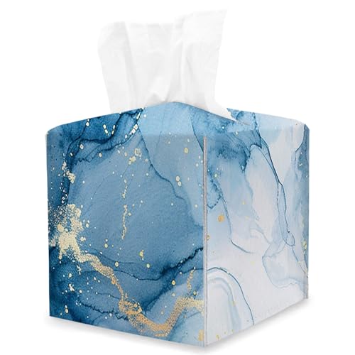 Blue Marble Tissue Box Cover Square, Modern Cube Tissue Box Holder, Tabletop Decor Leather Facial Paper Organizer Dispenser for Bathroom Home Car Night Stand Living Room/07 - color: Blue Marble