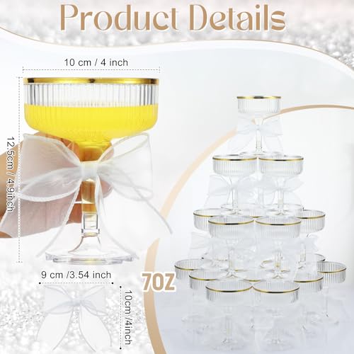 Set of 24 Plastic Champagne Coupe Glasses with Bow 7 oz Gold Champagne Tower Set Stackable Acrylic Ribbed Martini Glasses Cocktail Coupe Cup for Wedding Birthday Party Bar(Organza,White) - color: White, style: Organza