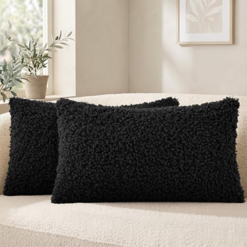 decorUhome Sherpa Decorative Throw Pillow Covers 12x20 Set of 2 Black | Soft Fuzzy Texture, Heart-Shaped Zipper, Cozy Lumbar Accent Pillow Covers for Sofa Couch Living Room Bedroom, Neutral Style - color: Black, size: 20" x 12" (Pack of 2)