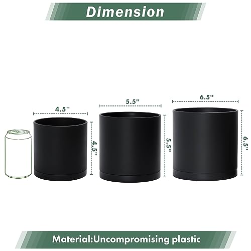 D'vine Dev 3-Pack Plastic Pots & Saucers, 4.5/5.5/6.5 in, Black, 74-V-B-2 | Multi-Size Options, Lightweight Durable, Matte Finish, Cylinder Shape, Drainage Holes, Sleek Design, Detachable Saucer - color: Matte Black, size: Small Plus
