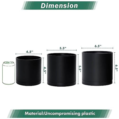 D'vine Dev 3-Pack Plastic Pots & Saucers, 4.5/5.5/6.5 in, Black, 74-V-B-2 | Multi-Size Options, Lightweight Durable, Matte Finish, Cylinder Shape, Drainage Holes, Sleek Design, Detachable Saucer - color: Matte Black, size: Small Plus