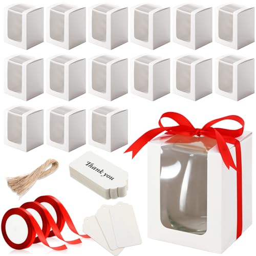 Fulmoon 50 Pack Gift Boxes for Wine Glass Transparent Gift 9 oz Stemless Glass Paper Packaging Box with Ribbon Tag Hemp Rope for Wedding Bridal Shower Baby Shower Birthday(White) - color: White
