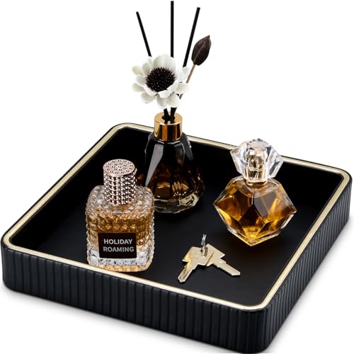 GORESE Leather Valet Tray Nightstand Organizer, Square EDC Trays for Colognes Wallet Sunglasses, Key Dish Catch All Bowl Desk Tray, Gift for Men & Women, Black(9.3'' × 9.3'') - color: Black