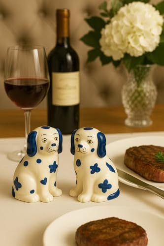 Staffordshire Dogs Chinoiserie Decor Blue Decorative Salt Pepper Shakers Set - Hand-Painted Ceramic