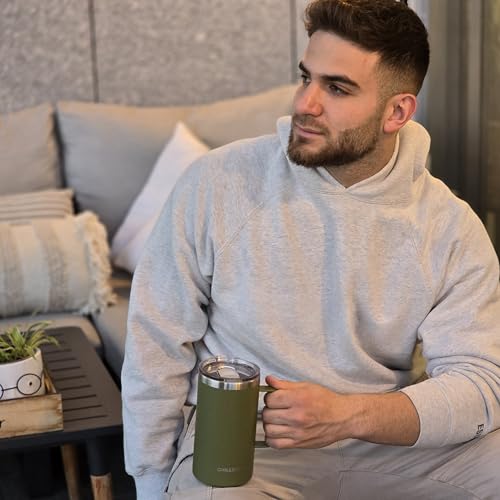 CHILLOUT LIFE Stainless Steel Vacuum Insulated Coffee Mug 20 oz (Set of 2) with Handle and Lid, Large Thermal Camping Coffee Mugs with Sliding Lid for Men & Women, Keeps Your Beverages Hot & Cold - color: Army Green, size: 20 Ounces - 2 Pack