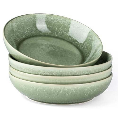 AmorArc 8.5’’ Ceramic Pasta Bowls Set of 4, 36oz Large Stoneware Bowls Set | Large Dinner Serving Bowls Set, Wide Bowl Plate for Pasta,Salad, Soup, Microwave Safe, Reactive Glaze-Olive Green - color: Olive Green, size: Set of 4