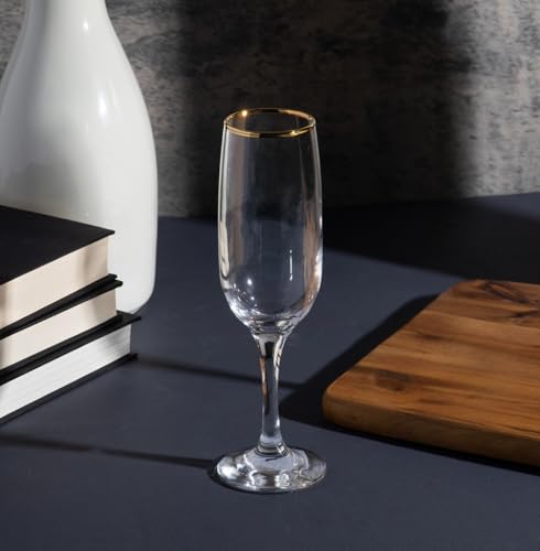 Elegant Flute Stemware, 8 Ounce - Set of 12, Champagne Glass with Gold Rim - Crystal Clear Drinking Glass for Red Wine, Cocktails and Other Beverages - For Home and Bar