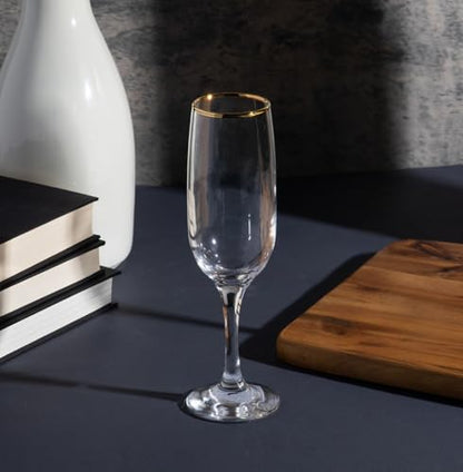 Elegant Flute Stemware, 8 Ounce - Set of 12, Champagne Glass with Gold Rim - Crystal Clear Drinking Glass for Red Wine, Cocktails and Other Beverages - For Home and Bar