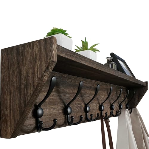 WEBI Coat Rack Wall Mount with Shelf,35" Long Wall Shelf with Hooks Underneath,7 Triple Hooks for Entryway,Hallway,Bedroom,Weathered Brown - color: Weathered Brown, size: 35 Inch