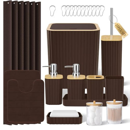 XLHOMO Bathroom Accessories Set - 25PC Brown Bathroom Set, Bathroom Set with Shower Curtain and Rugs, Brown Shower Curtain Set, Toilet Brush, Bathroom Trash Can - size: Bath Set+Shower Curtain+Rugs, style: Brown