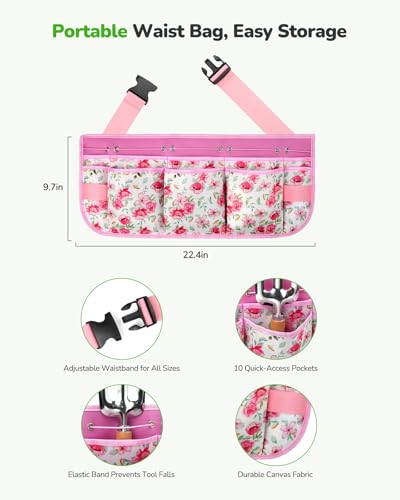 Gardening Tools 10-Piece Garden Tool Set, Rust Resistant, Pink | Steel hand kit with organizer belt for outdoor planting, Garden care and gardening gifts for women, Includes garden tool sets