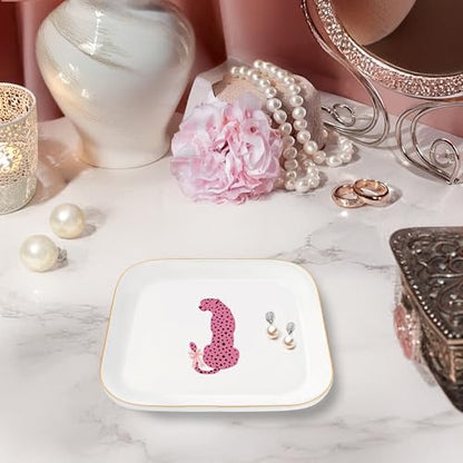 Jewelry Dish Tray, Ring Dish, Ceramic Trinket Tray, Pink Preppy Cheetah Leopard Gifts Ceramic Jewelry Tray Dish, Cheetah Print Jewelry Plate for Women