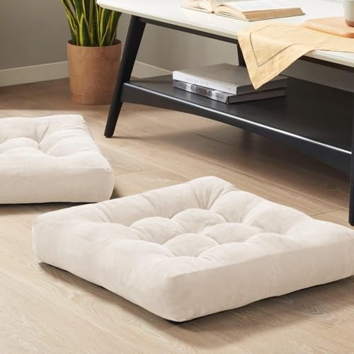 Floor Pillows Set of 2, Large Meditation Cushion for Adults, 22 Inch Square | Floor Cushion For Reading Nook, Office & Tatami, Breathable Corduroy Cover, Supportive Shredded Memory Foam, Beige Yoga Seat - color: Square | Beige | 2 Pack, size: 2 Pack