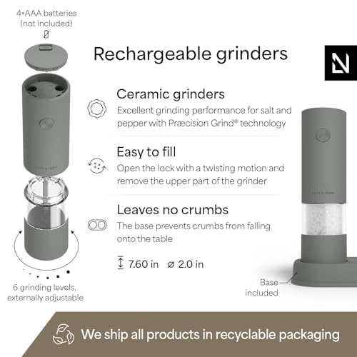 LARS NYSØM Electric Salt and Pepper Grinder Set I Automatic Salt and Pepper Mills with Adjustable Ceramic Grinder I AAA-Battery Operated Electric Spice Mill Set (Ash Gray) - color: Ash Gray