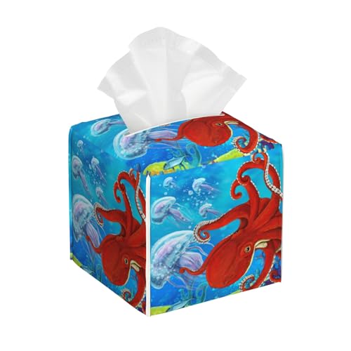 Octopus and Jellyfish Tissue Box Cover Square, Coral Reef Tissue Box Holder with Bottom Belt Leather Facial Paper Organizer Dispenser for Bathroom Bedroom Dresser Night Stand Tabletop - color: Octopus and Jellyfish