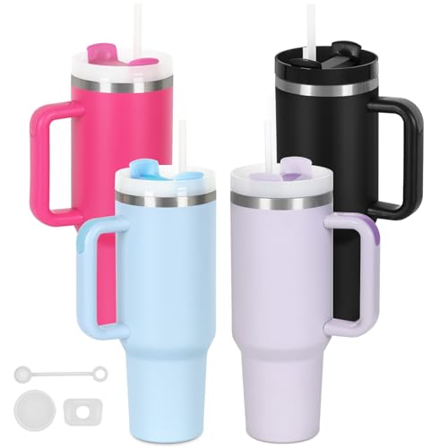 4 Pack 40 Oz Tumblers with Handle Bulk, Double Wall Vacuum Insulated Stainless Steel Tumblers with Lid and Straw, 40 oz Cups with Silicone Spill Proof Stopper Set (Black,Sky Blue,Purple,Hot Pink) - color: Black,Sky Blue,Purple,Hot Pink