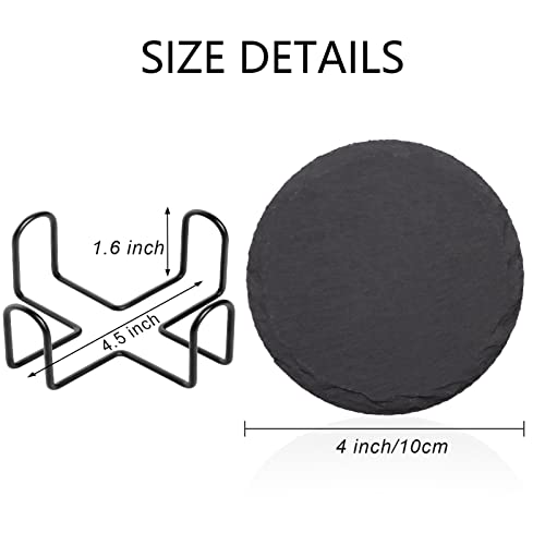 4 PCS Round Slate Drink Coasters Set, SIJDIEE 4 Inch Laser Engraving Black Slate Stone Coasters with Anti-Scratch Bottom and Coaster Holder for Office Bar Kitchen Home Dinner Table Decor Supplies | Coaster set of 4, Anti-scratch Bottom, Laser Engraving Bl