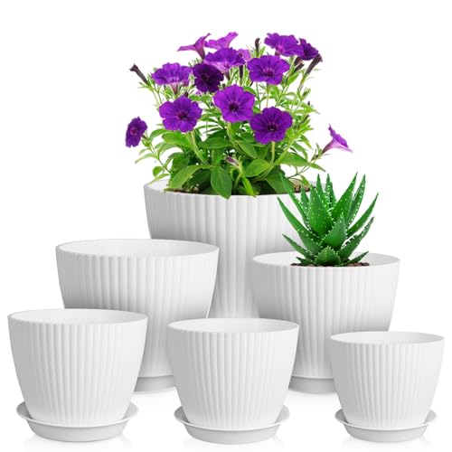 Meowell 7/6.2/5.5/5/4.5/4 inch Plant Pots, 6 Pack Flower Pots for Small Indoor Outdoor Plants, Plastic Planters with Drainage Holes and Saucers for Garden Succulent House Plants, White - color: White-6 Pack