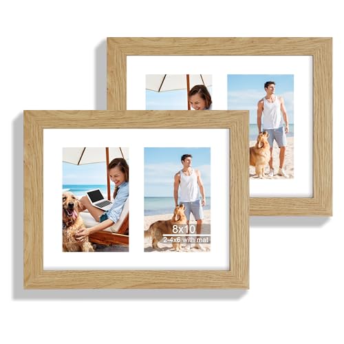 Hongkee 8x10 Picture Frame Set of 2, Natural Oak Wood Frame with Glass Collage Frame, Display Pictures Two 4x6 With Mat or 8 x 10 Without Mat - Horizontal or Vertical Wall Mounting - color: Natural Oak, size: 8x10 in matted to 2-4x6