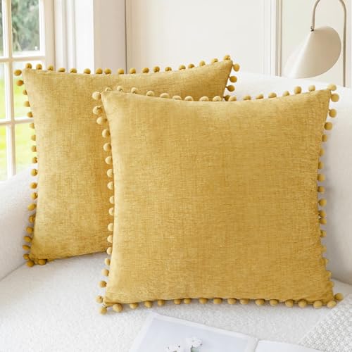 CaliTime Decorative Couch Throw Pillow Covers 16 X 16 Inches Gold | Pack of 2, Cozy Chenille Cushion Cases, with Pom Poms for Sofa Bed Living Room Farmhouse Home - color: Gold, size: 16" x 16" (Pack of 2)