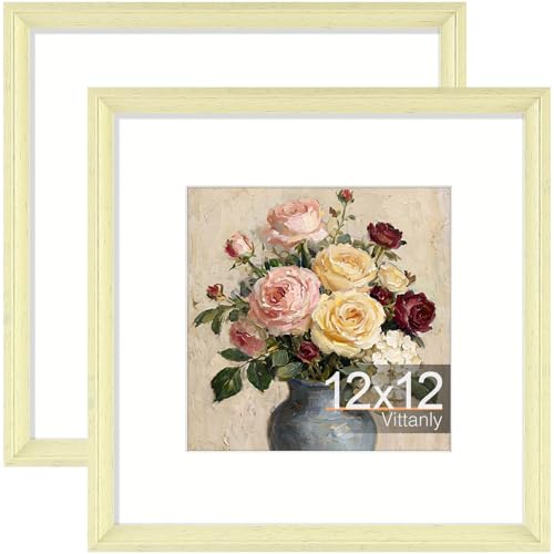 Vittanly 12x12 Picture Frames Set of 2, Vintage Photo Frames, Beige | Display 8x8 Pictures with Mat or 12x12 without Mat, Rustic Frames Covered by Plexiglass, Wall & Tabletop Farmhouse Home Decor - color: Beige, size: 12x12