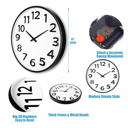 Crosstime 20 Inch Large Wall Clock - Big 3D Numbers Easy to Read, Battery Operated Silent Non-Ticking, Analog Quartz Round Clock - color: 20 Black