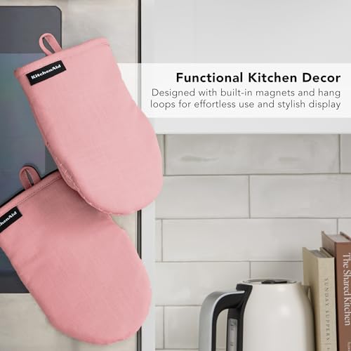 KITCHENAID Gourmet Series Gridlines Mini Oven Mitts 2-Pack Set, Heat Resistant up to 600°F, Soft Silicone Grip, Magnetic Cuff, Dried Rose, 5.5"x9" - color: Dried Rose