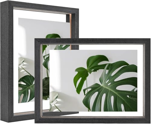 Egofine 6x8 Floating Frames Set of 2, Double Plexiglass Picture Frame, Made of Solid Wood Display Any Size Photo up to 6x8, Wall Mount or Tabletop Standing, Rustic Black - color: Faded Black, size: 6x8