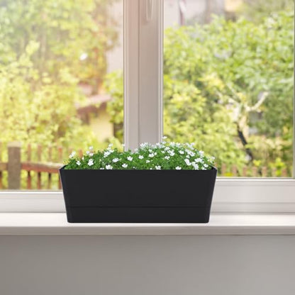 GREANER 12x3.8 Inch Herb Planters, 1 Pack Rectangle Window Boxes with Tray, Indoor Succulent Cactus Mint Plastic Pot for Windowsill, Balcony, Office, Outdoor Garden - Black - size: 1Pack/12x3.8in-black