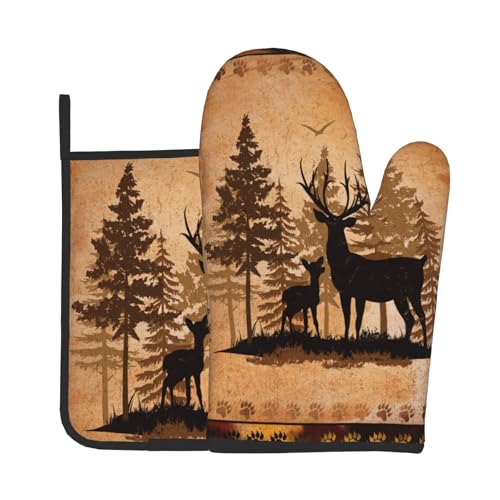 Giwawa Forest Deer Oven Mitts and Pot Holder Kitchen Accessories Sets Wildlife Animal Heat Resistant Oven Gloves Hot Pads for Baking Cooking BBQ - color: Forest Deer