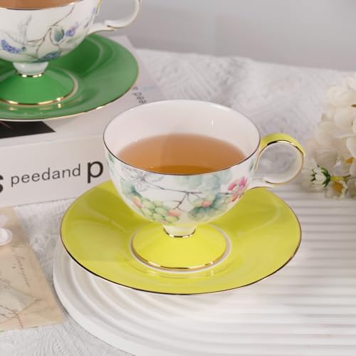 KAMMAK Tea Cups Set of 2,Ceramic Floral Pattern Demitasse Cup | Porcelain Espresso Cup with Saucer, 7.44 oz Handmade Elegant Bone China Tea Cups for Latte, Americano, Cappuccino - color: Grape + Blueberry