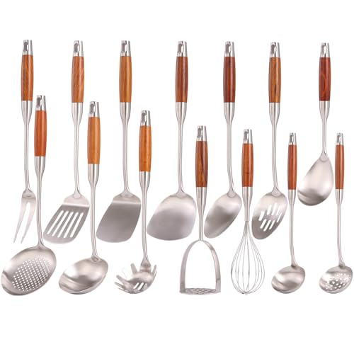 15” Metal Kitchen Utensils Set with RooseWood Handle - 18/10 Stainless Steel Cooking Utensils, 14 PCS Large & Small Spoons Set - Whisk, Masher, Fork, Spatula, Turner, Ladle, Skimmer, Pasta