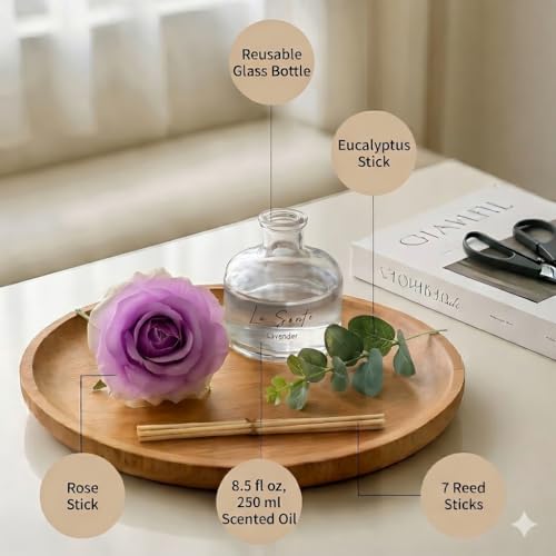 Lavender Reed Diffuser Set 8.5oz / 250ml | Long Lasting Flameless Home Fragrance, Elegant Glass Bottle, Decorative Flower & Natural Reeds - color: Purple Lavender