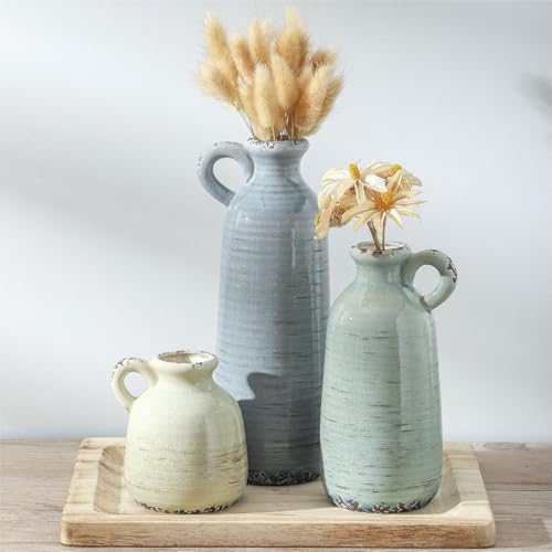Ceramic Vase Set of 3 | Neutral Vase Home Decor with Handle | Pottery Modern Farmhouse Vases Pampas Grass Flower Vases for Home Decor Table Living Room Centerpieces Mantel Decor - Multicolor - color: 010 - Multicolor
