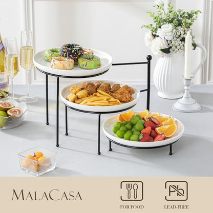 MALACASA Round 3 Tier Serving Tray, 10 Inch White Porcelain Dessert Stand | Round White Porcelain Trays with Black Metal Rack for Cupcakes, Cakes, Fruit and Appetizers, Removable, Dishwasher Safe - color: White